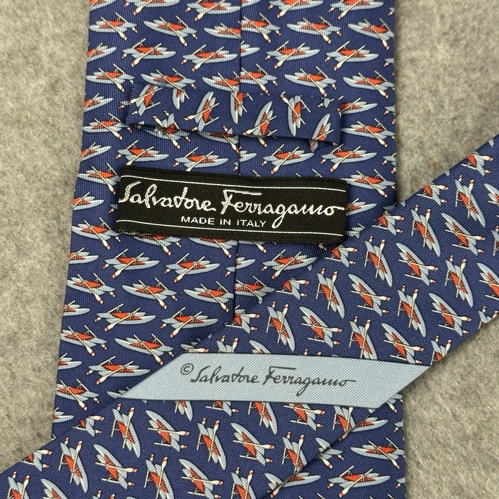 Vintage Salvatore Ferragamo Silk Tie Rowing Scull Boat Print Italy Blue 58x3.6